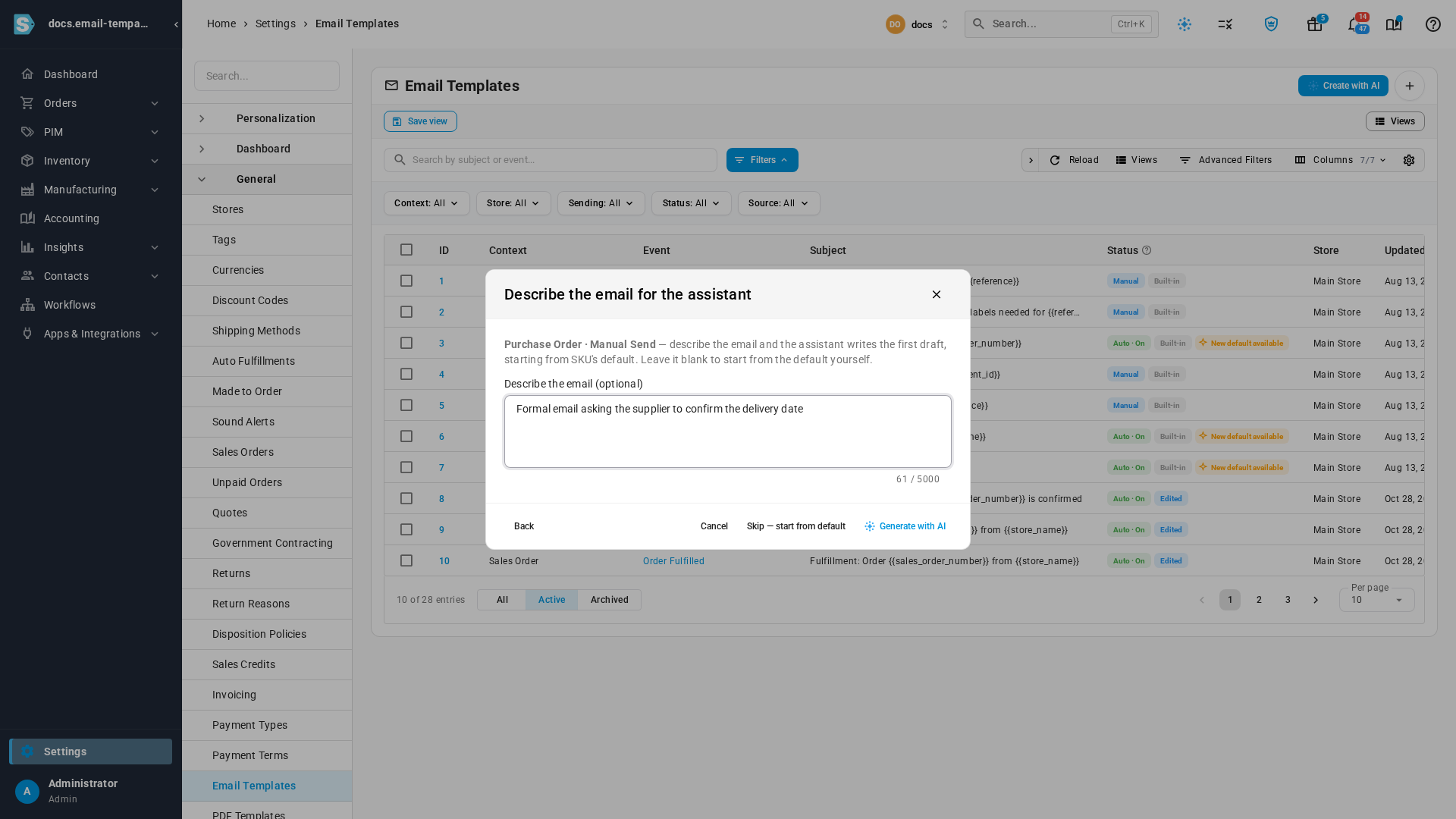 The Create with AI dialog with a one-sentence description of a new purchase order email