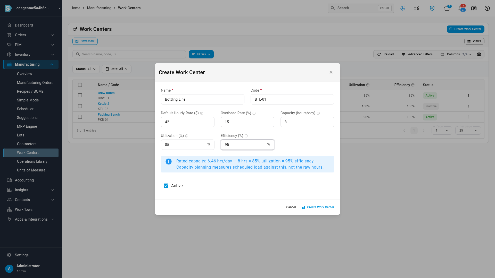 The Create Work Center dialog, with the rated capacity worked out