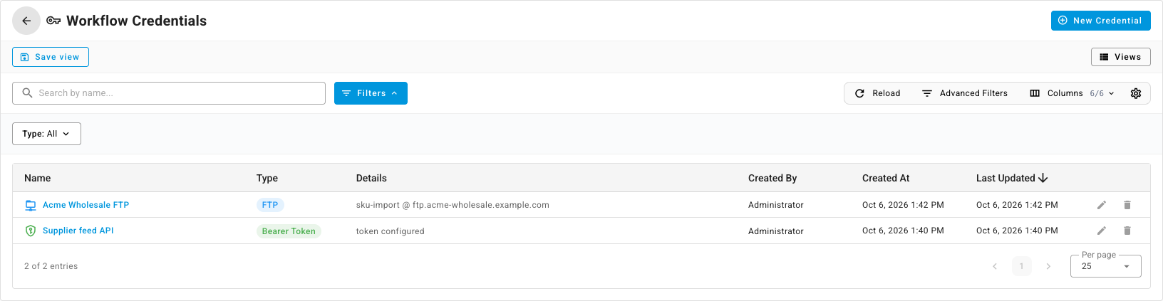 The Workflow Credentials list with an FTP credential and a Bearer Token credential
