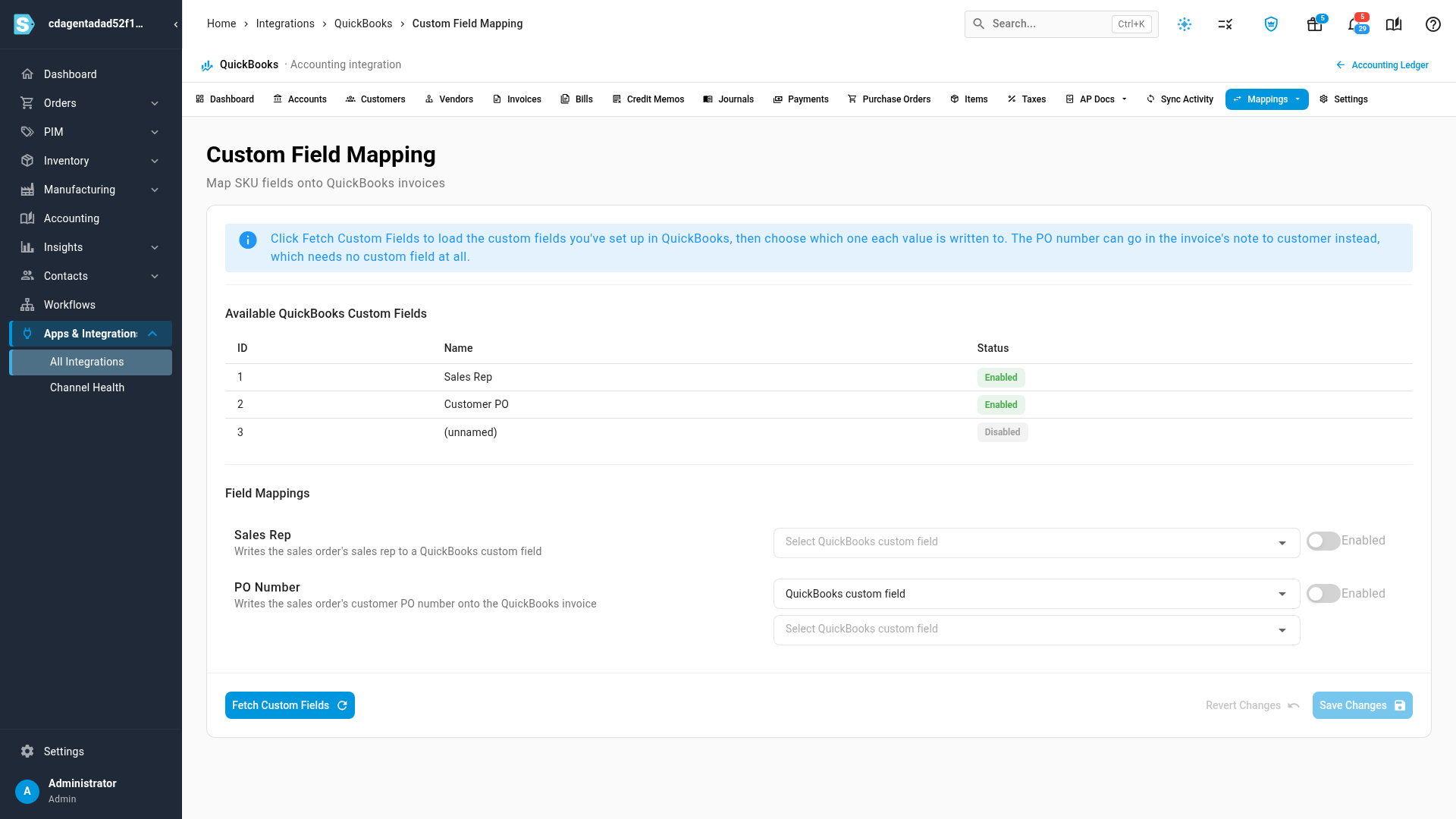 Custom Field Mapping with three QuickBooks custom fields, two of them enabled