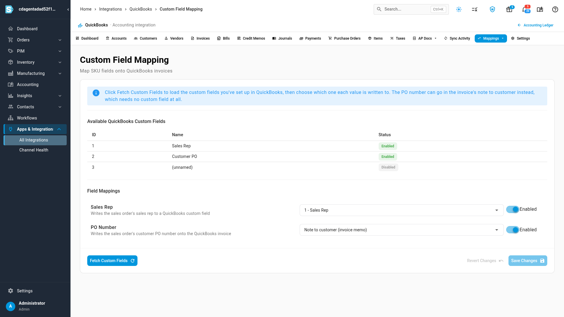 The Sales Rep mapped to custom field 1 and the PO Number sent to the note to customer, both enabled