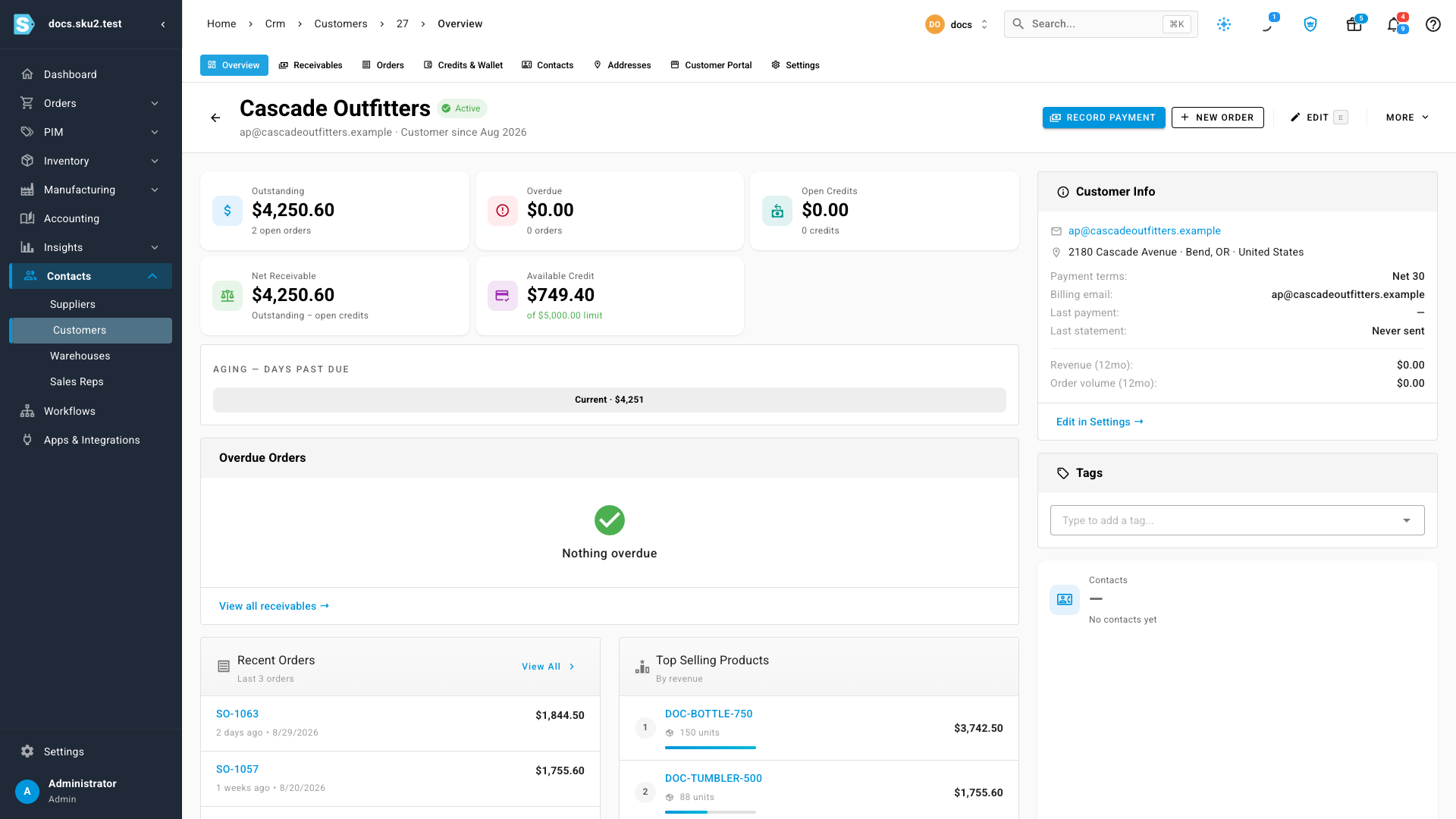 A customer overview showing Outstanding 4,250.60 across 2 open orders, nothing overdue, and Available Credit of 749.40 of a 5,000 dollar limit, with payment terms of Net 30 in the customer info panel