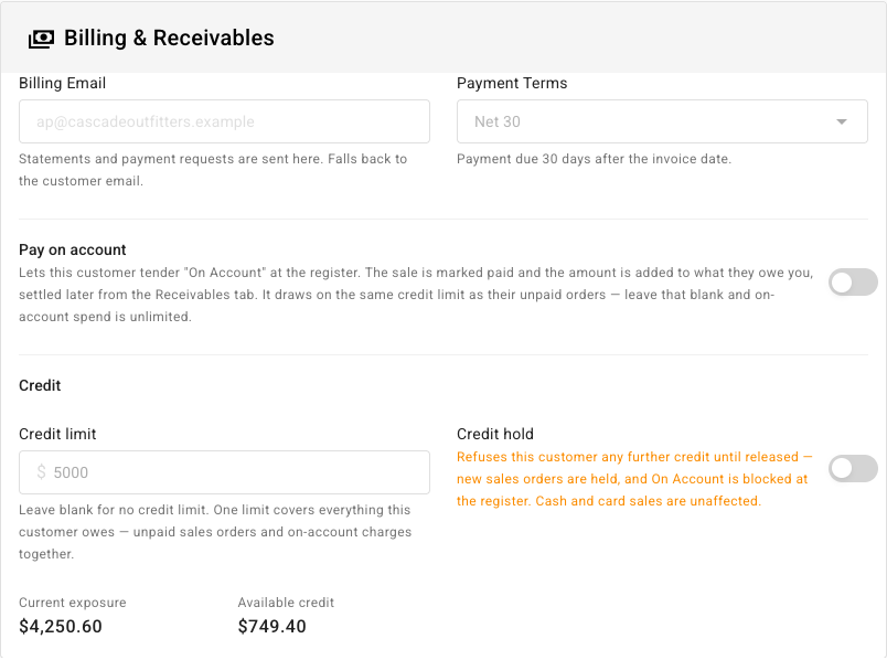 The Billing & Receivables and Credit sections on a customer, showing Payment Terms set to Net 30, a 5,000 dollar credit limit, current exposure of 4,250.60 and available credit of 749.40