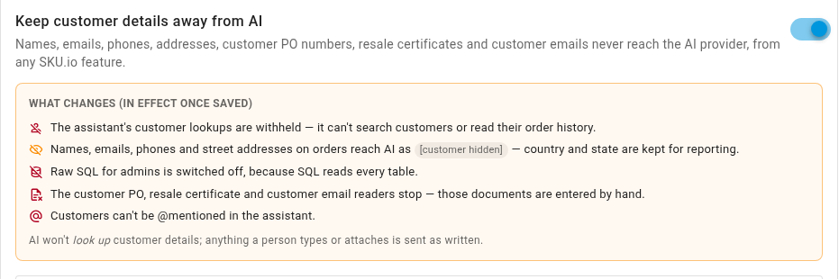The Keep customer details away from AI switch turned on, with the What changes panel listing its five effects