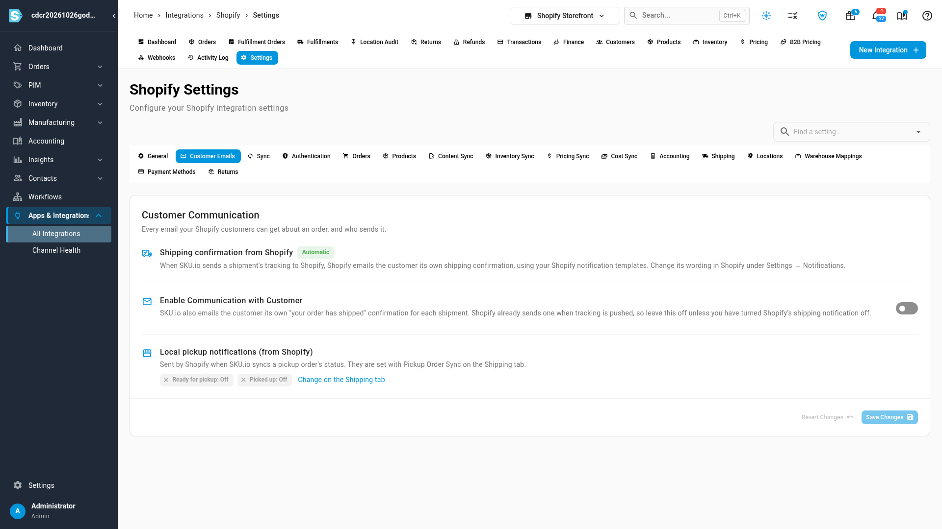 The Customer Emails tab, listing Shopify's shipping confirmation, SKU.io's own email and the pickup notifications