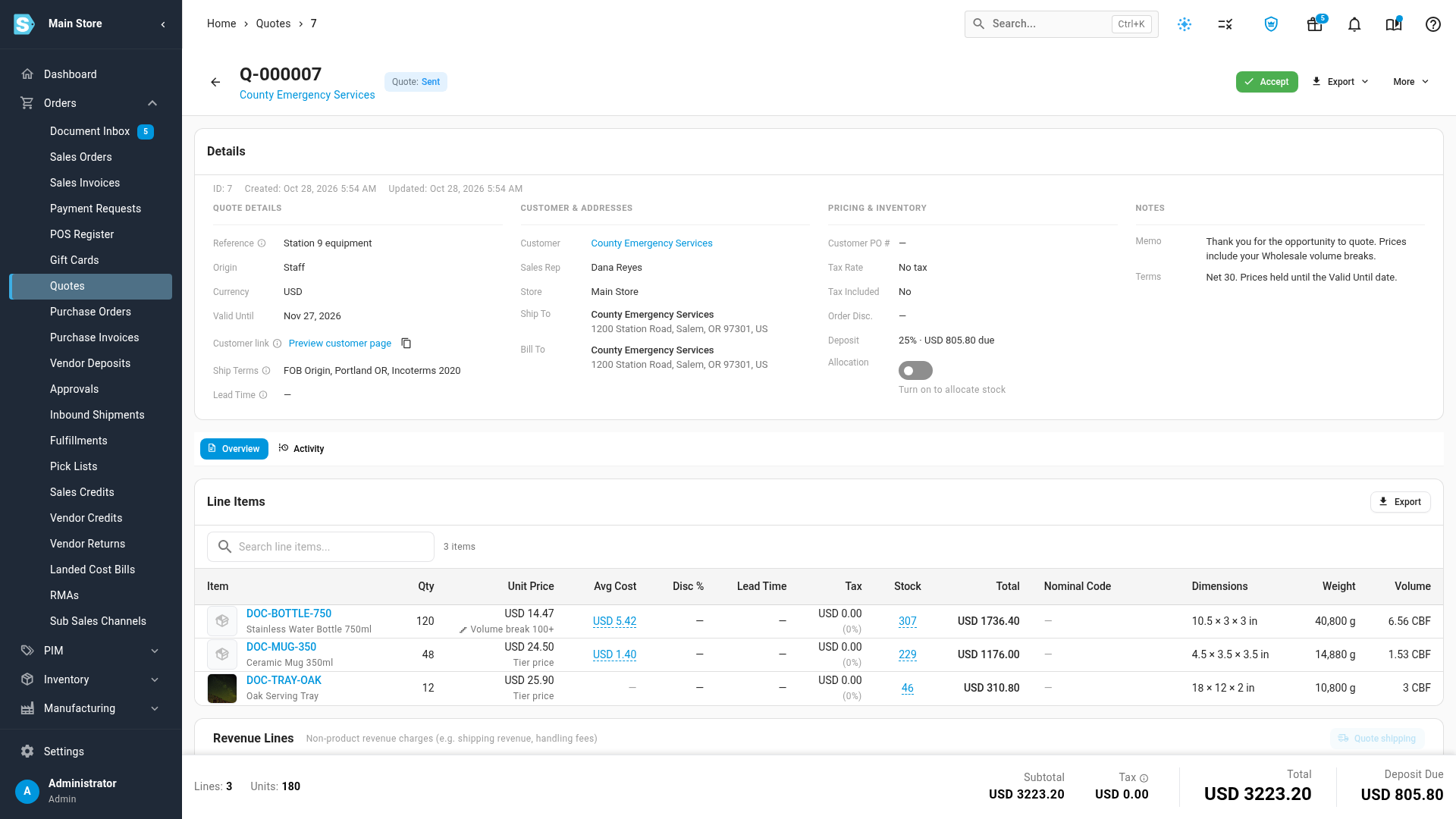 The quote's Details card, with the Customer link row showing Preview customer page and the copy icon