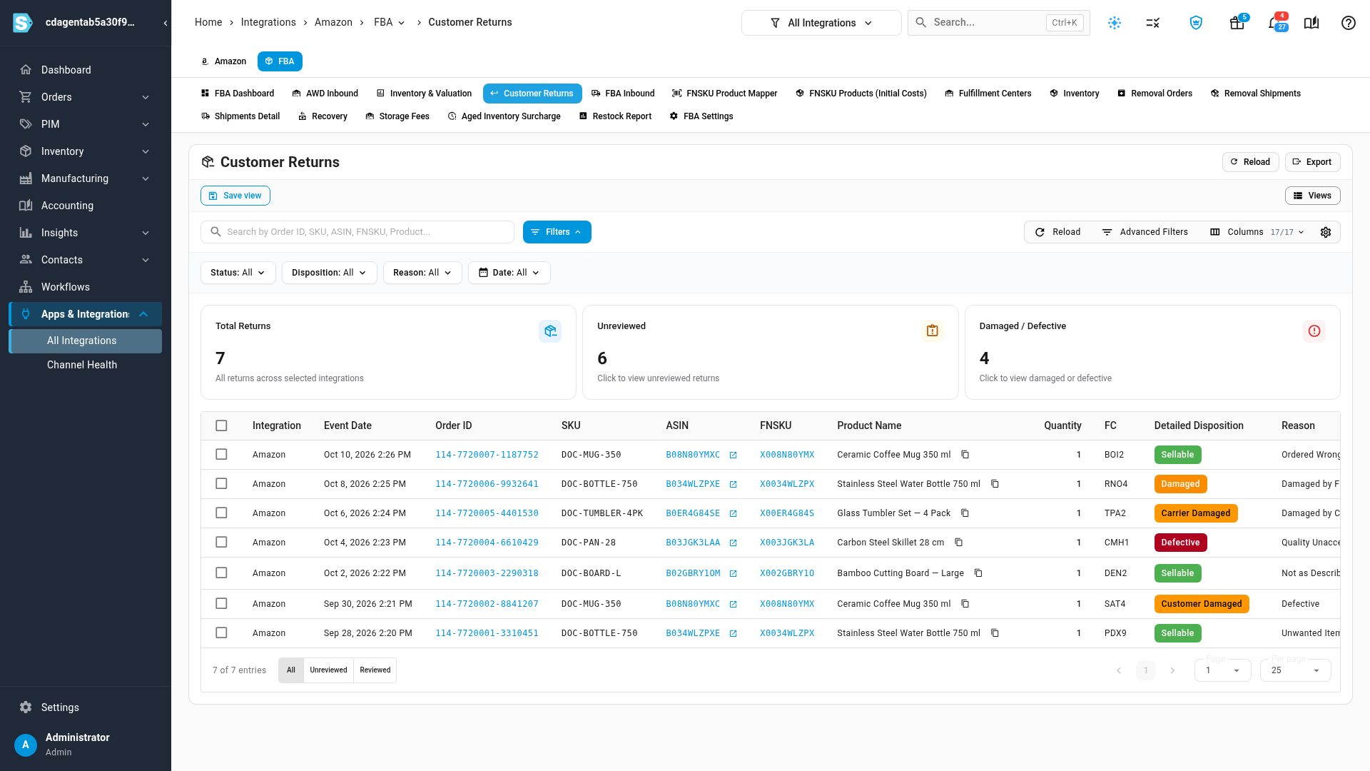 Customer Returns with its counts, filters and returns