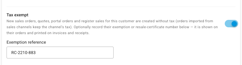 The Tax exempt switch turned on in a customer's Billing & Receivables card, with an exemption reference entered