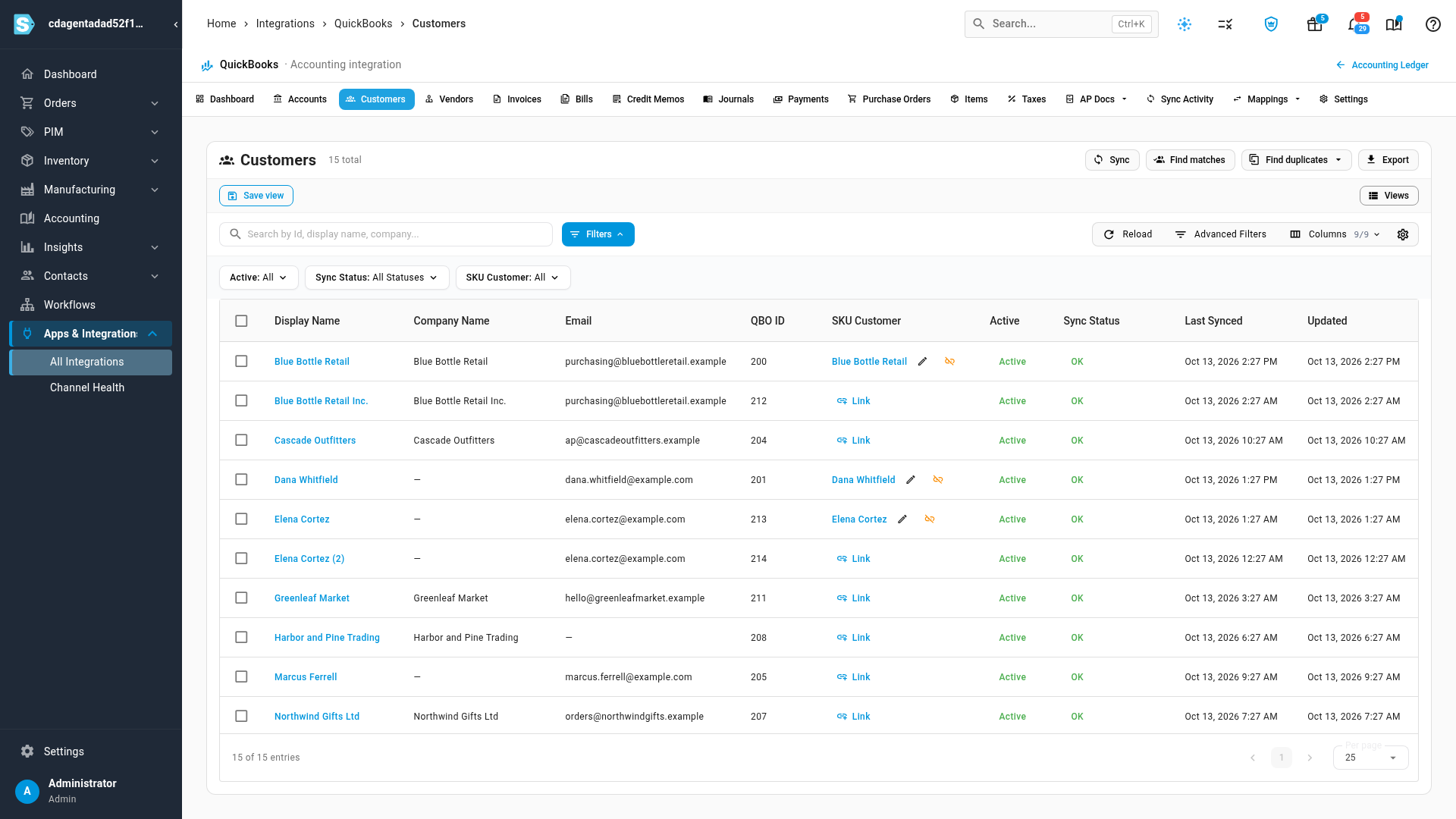 The QuickBooks Customers tab with linked customers and Link buttons on the unlinked ones