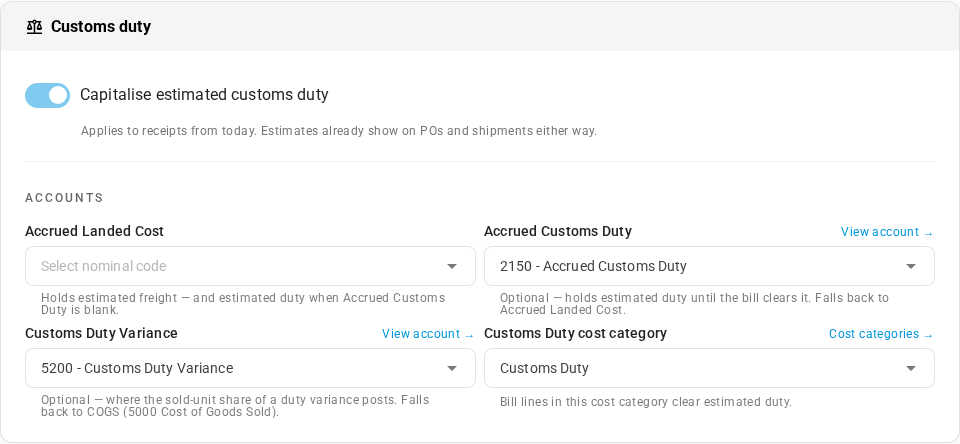 The Customs duty card, with the switch on and the accounts chosen