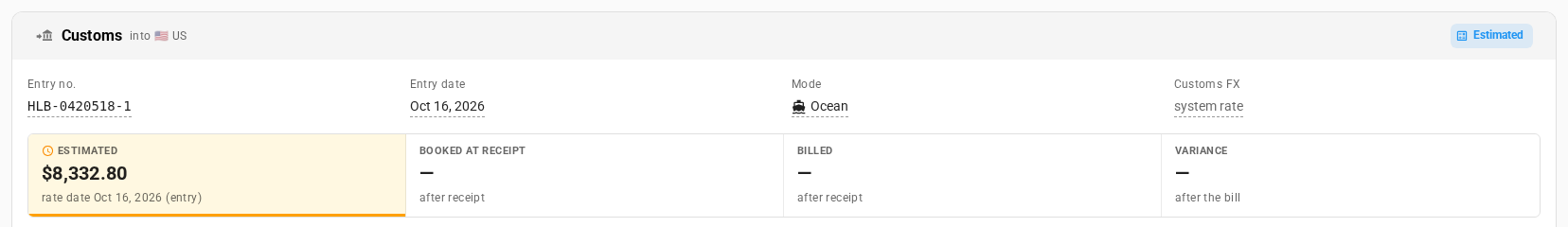 The Customs card on an inbound shipment: entry details, and the Estimated, Booked at receipt, Billed, and Variance tiles