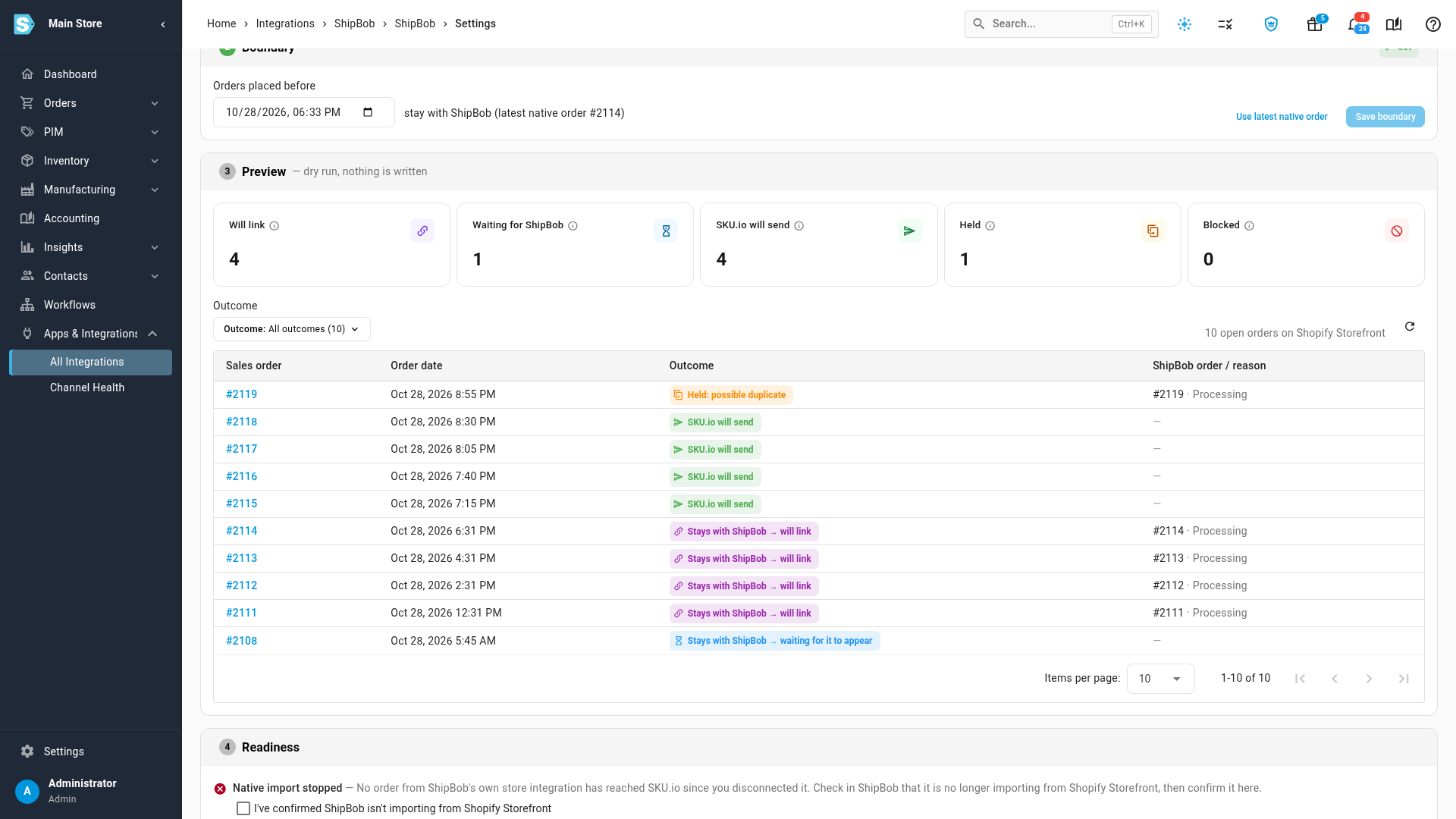 The Cutover tab's preview: counts of orders that will link to the provider, are waiting for the provider, SKU.io will send, are held as possible duplicates, or are blocked, with each order listed below