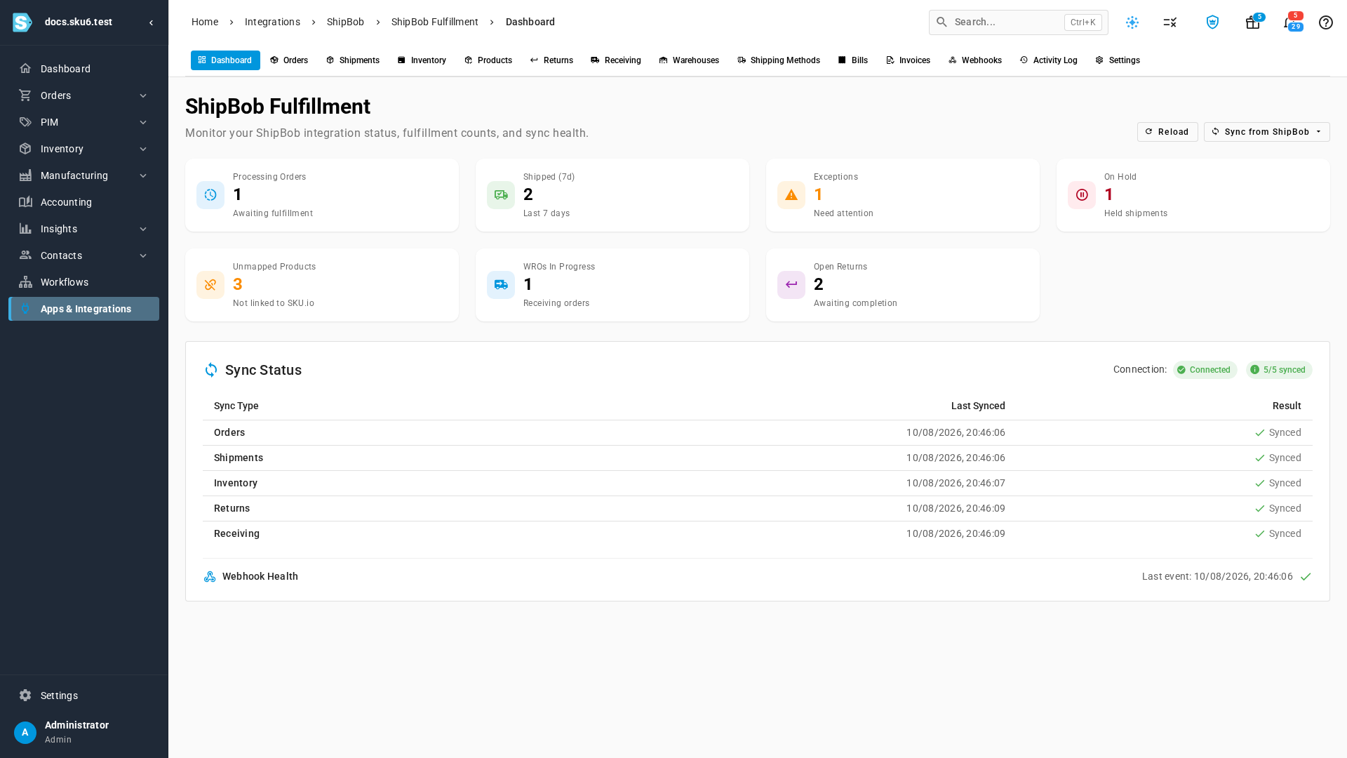 The ShipBob dashboard: processing orders, recent shipments, exceptions, on hold, unmapped products, receiving orders and open returns, with the last time each sync ran