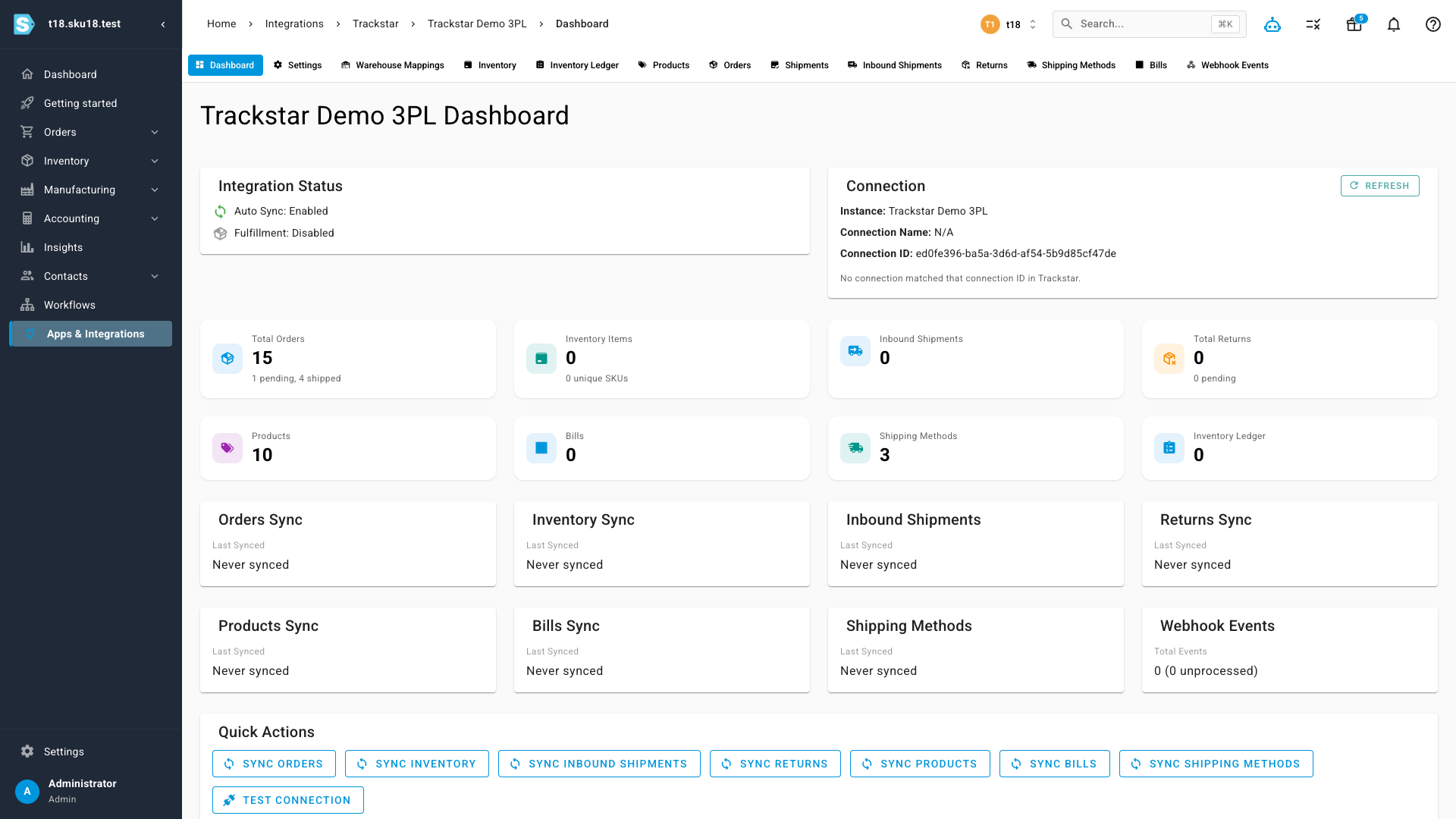 The Trackstar dashboard: sync status, counts for every data type, and one-click sync actions