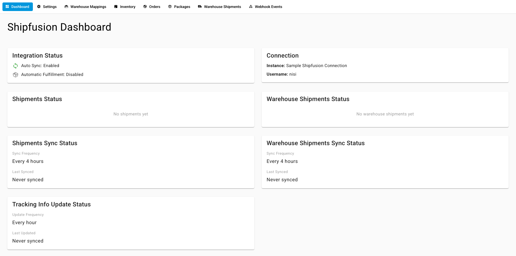 The Shipfusion Dashboard, showing integration status, connection, and shipment status panels