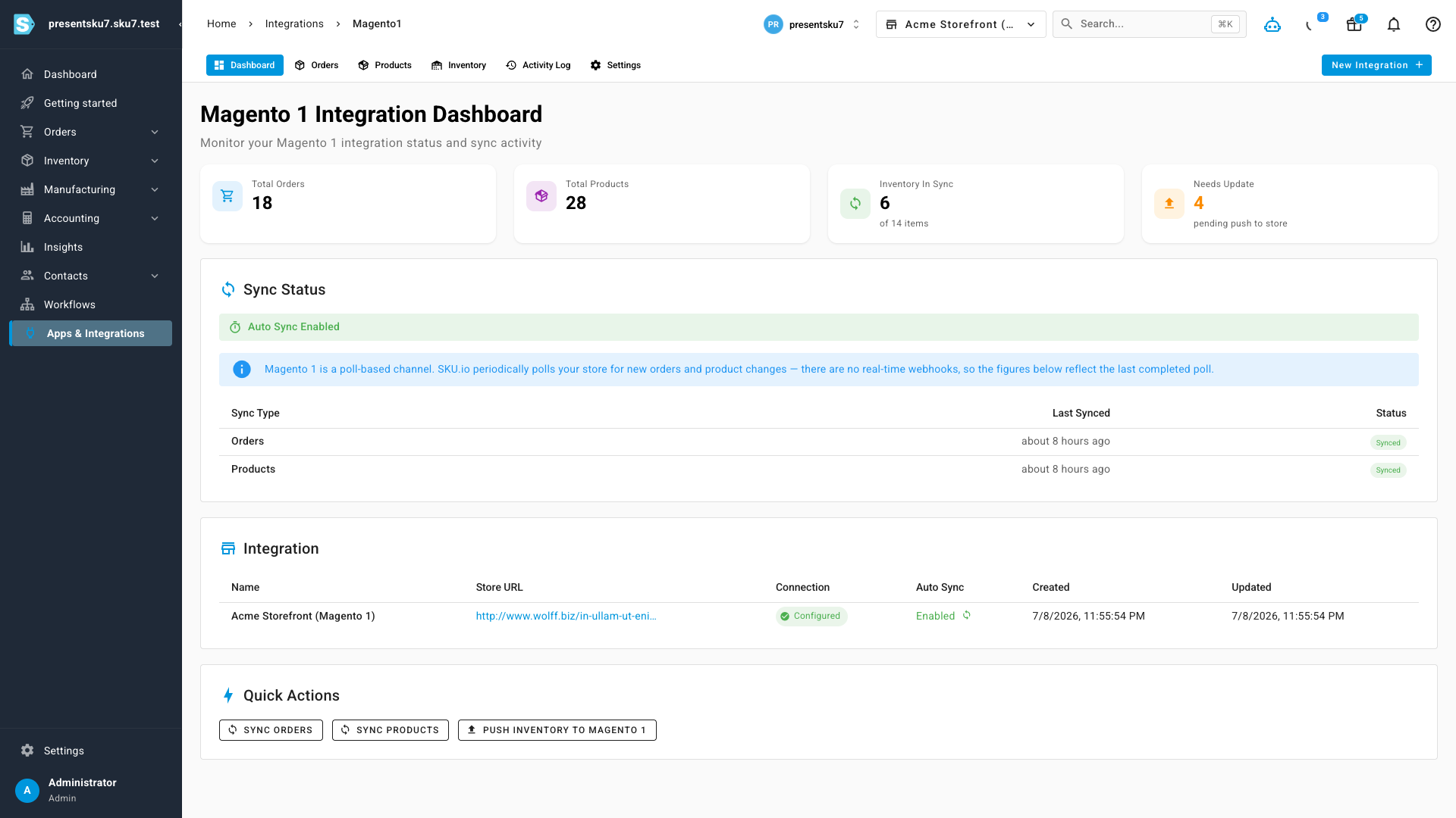 The Magento 1 integration dashboard showing total orders and products, inventory-in-sync counts, last-sync status, and quick actions