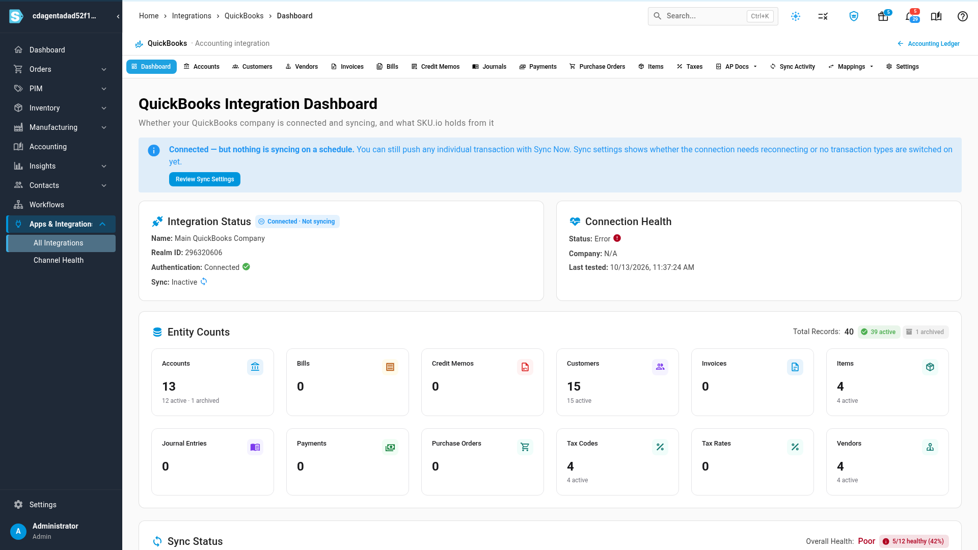 The QuickBooks dashboard: the "Connected — but nothing is syncing on a schedule" banner above the Integration Status, Connection Health and Entity Counts cards
