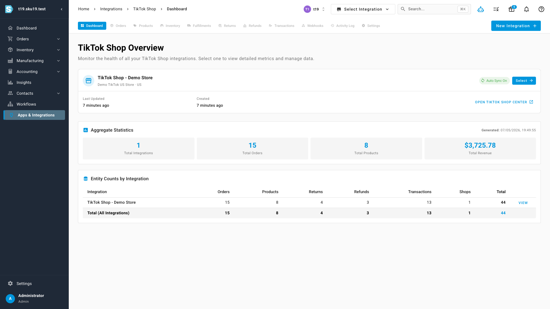 The TikTok Shop dashboard showing order, product, and sales totals with links into orders, products, and settings