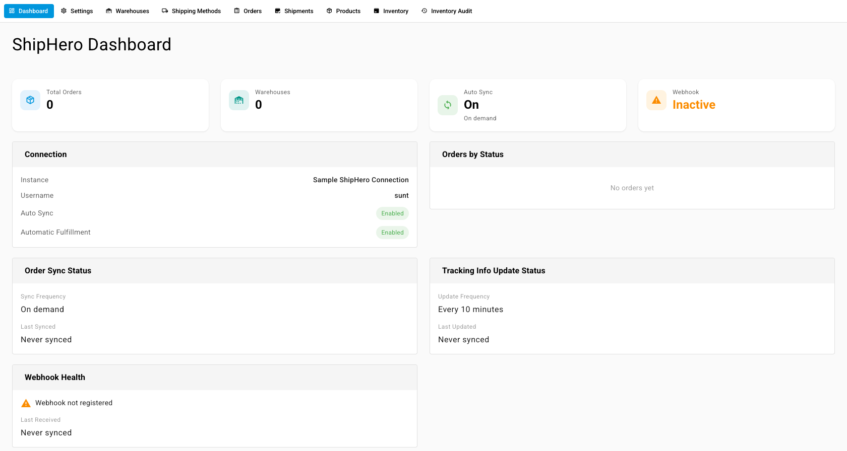 The ShipHero Dashboard tab, showing the connection card, orders by status, and the order sync and tracking update status panels