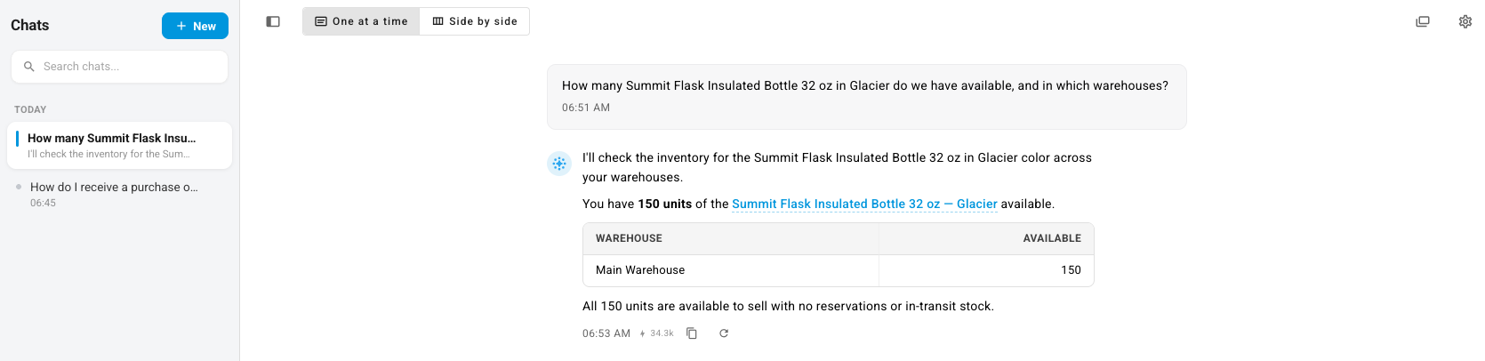 An answer showing 150 units available in Main Warehouse, with the product name linked