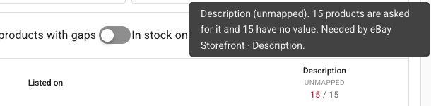The tooltip on the Description column: 15 products are asked for it and 15 have no value, needed by eBay Storefront