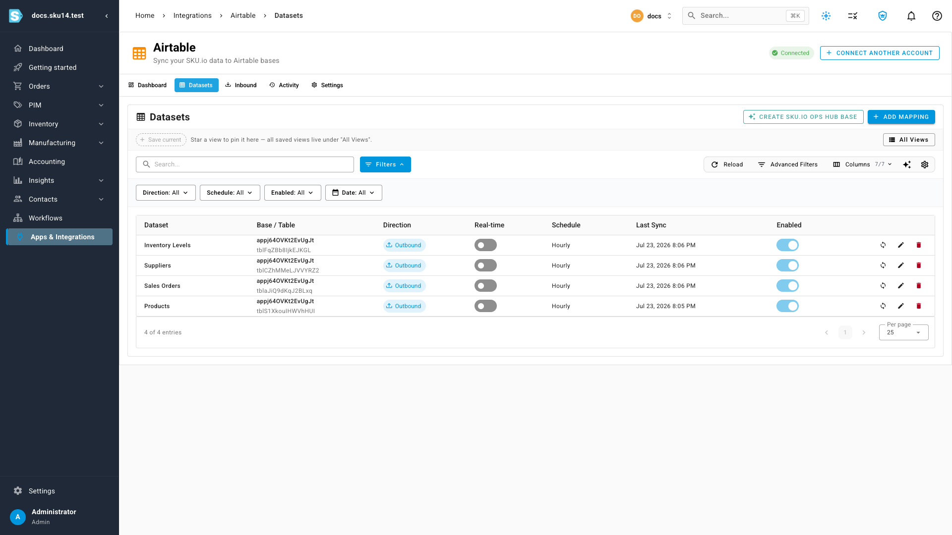 The Datasets tab listing mappings for Products, Sales Orders, Suppliers, and Inventory Levels — each showing its Airtable base and table, direction, schedule, real-time toggle, and last-sync time