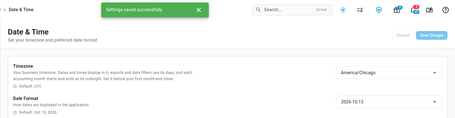 The Date & Time settings after picking a timezone and date format