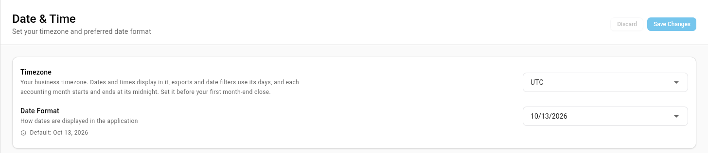 The Date & Time settings, with Timezone and Date Format