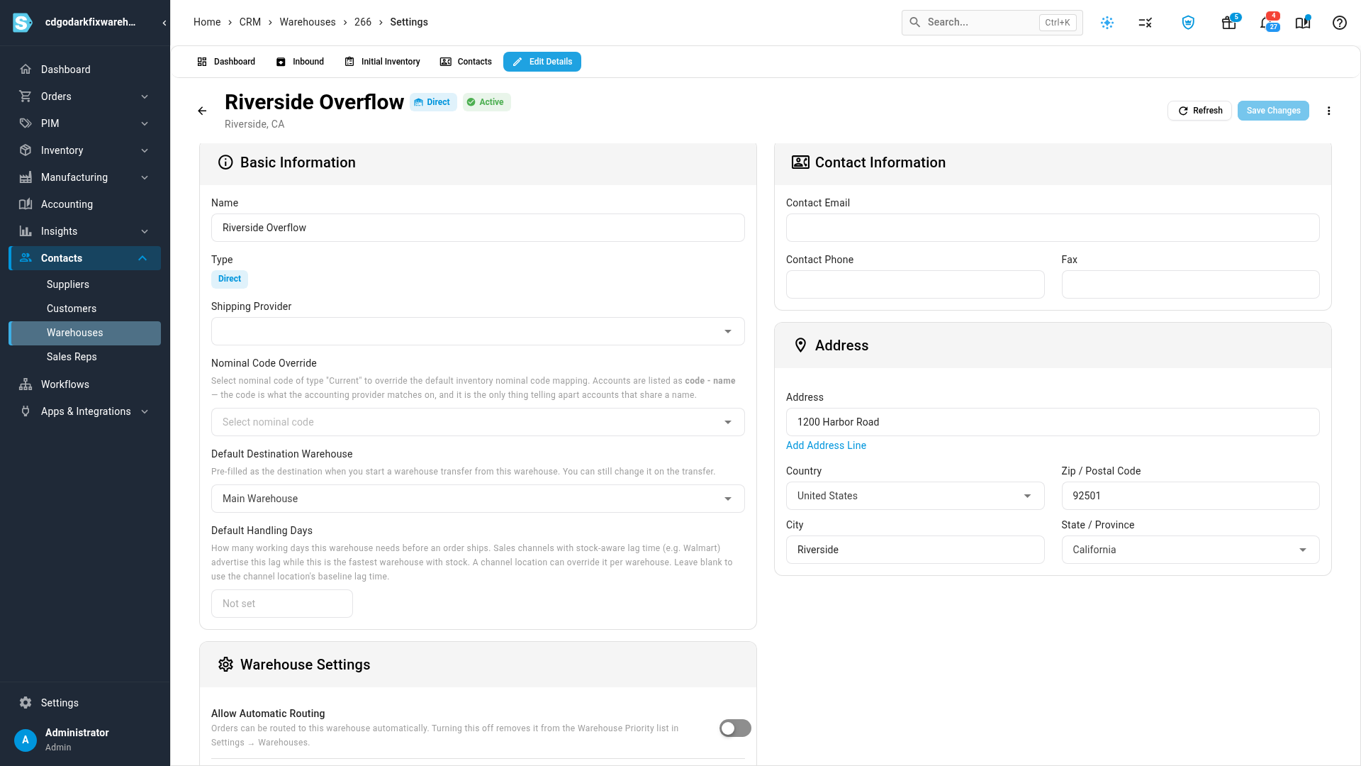 The Default Destination Warehouse field under Basic Information