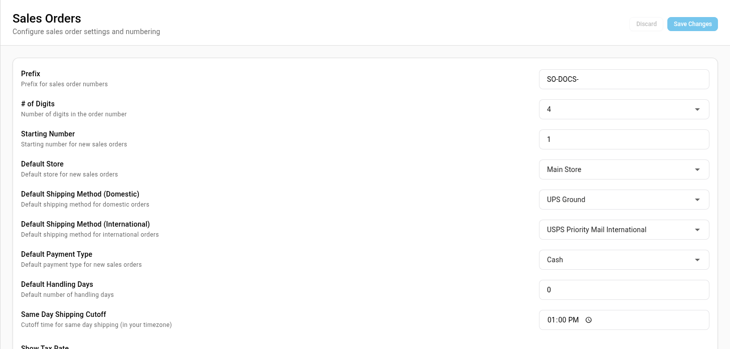 The Default Payment Type setting on the Sales Orders settings page