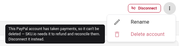 The account menu with Delete account greyed out and a tooltip explaining why