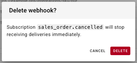 The Delete webhook confirmation dialog naming the event that will stop receiving deliveries