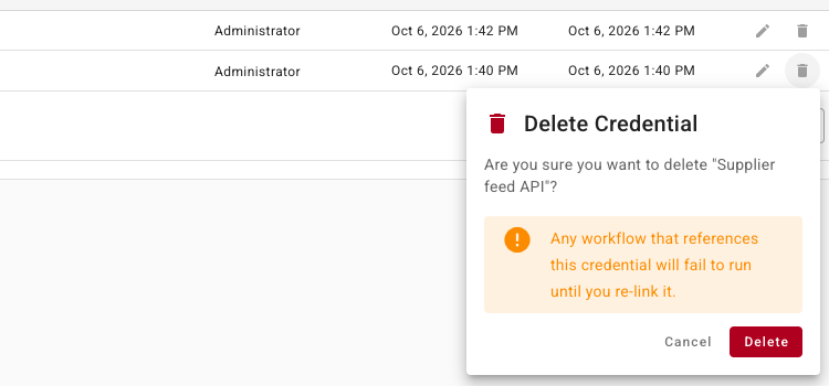 The Delete Credential confirmation warning that workflows using it will fail until re-linked