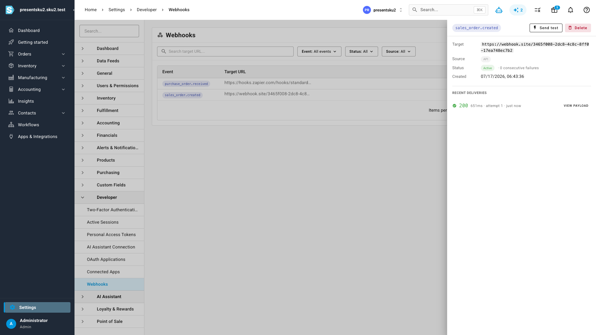 The subscription drawer showing target URL, status, and a delivery log entry with a 200 response