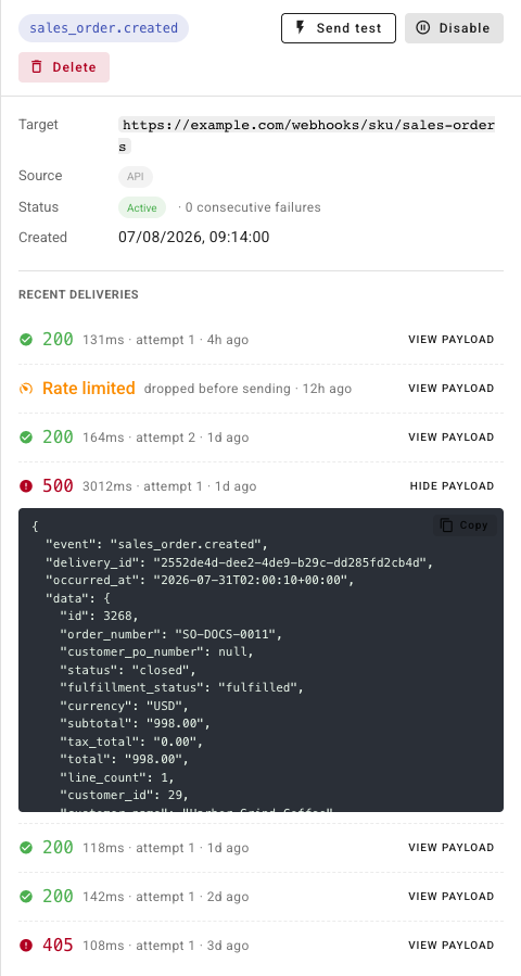 A delivery row expanded to show the full JSON payload with event, delivery_id, occurred_at, and data