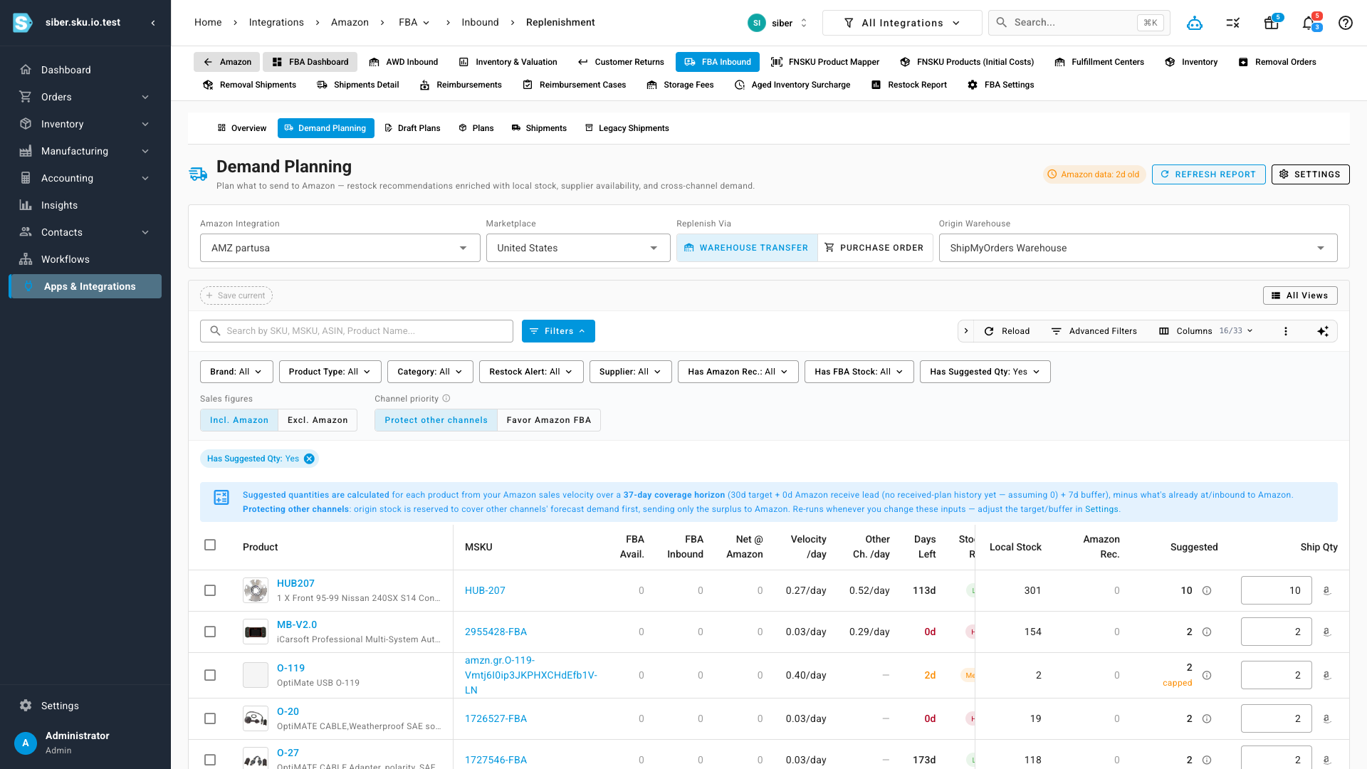 Demand Planning grid with Amazon recommendation, local stock, supplier and other-channel demand, and a suggested ship quantity per SKU