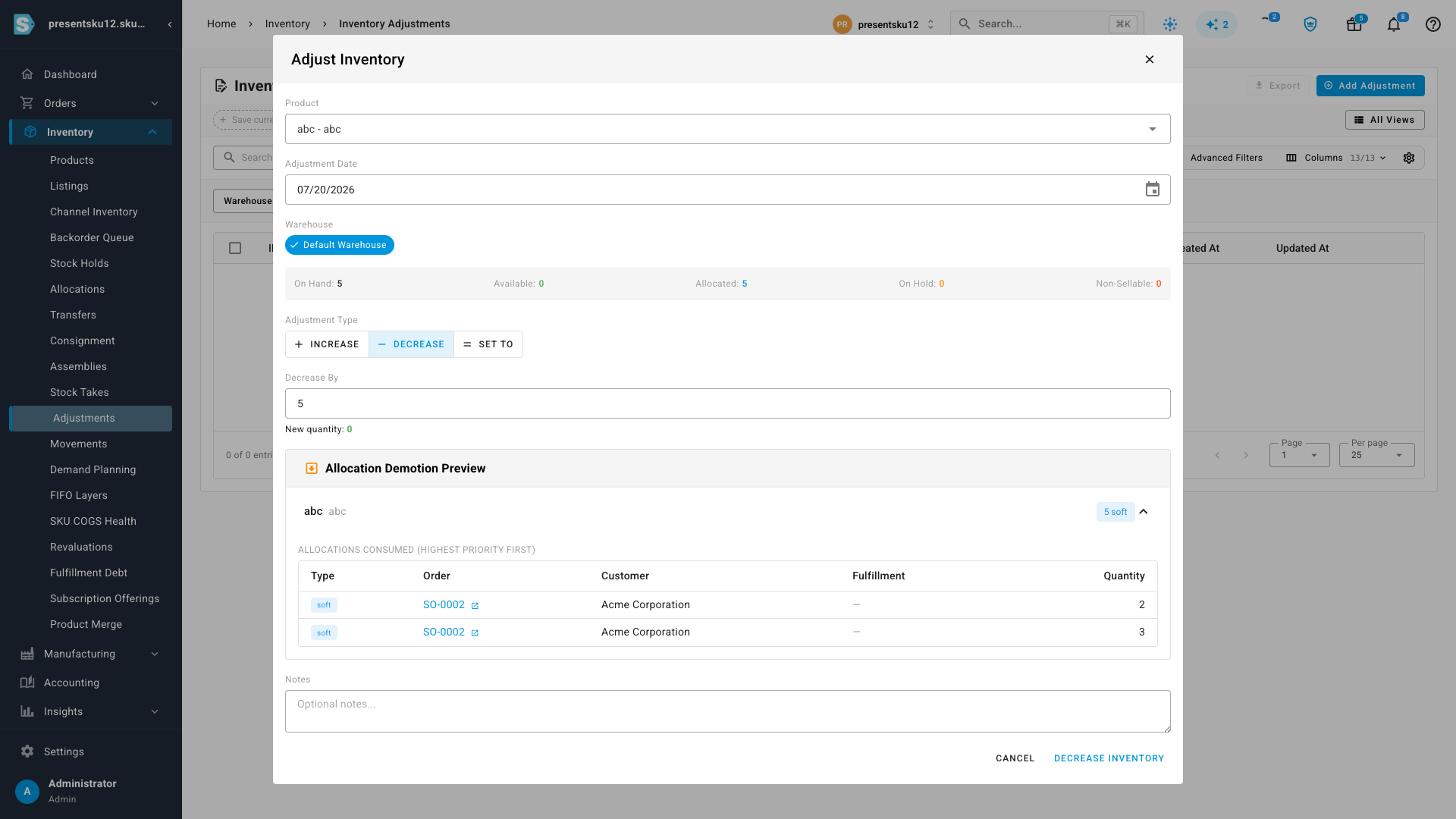 The Adjust Inventory dialog in Decrease mode, showing an Allocation Demotion Preview that lists each order — with customer and quantity — whose stock the removal would send back to backorder