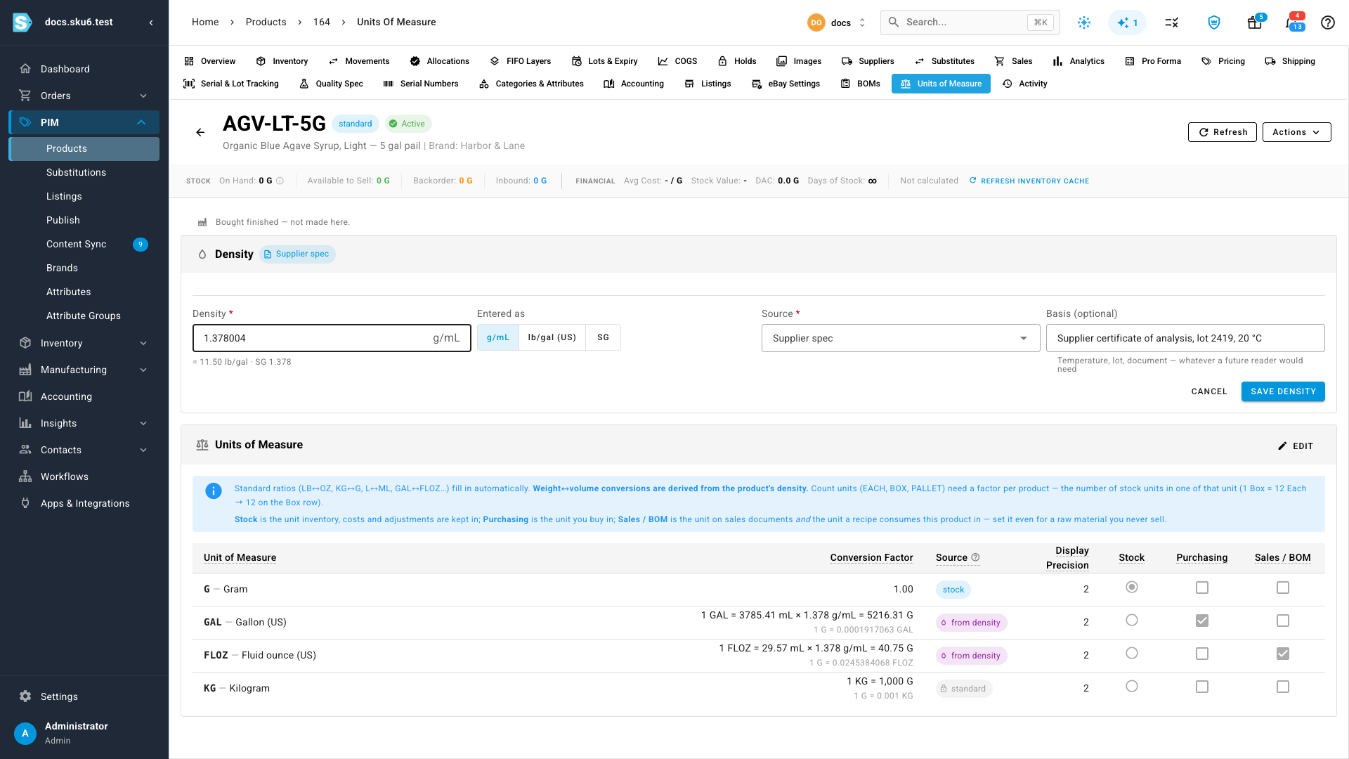 The Density editor: the value, the unit it is written in, its source and basis