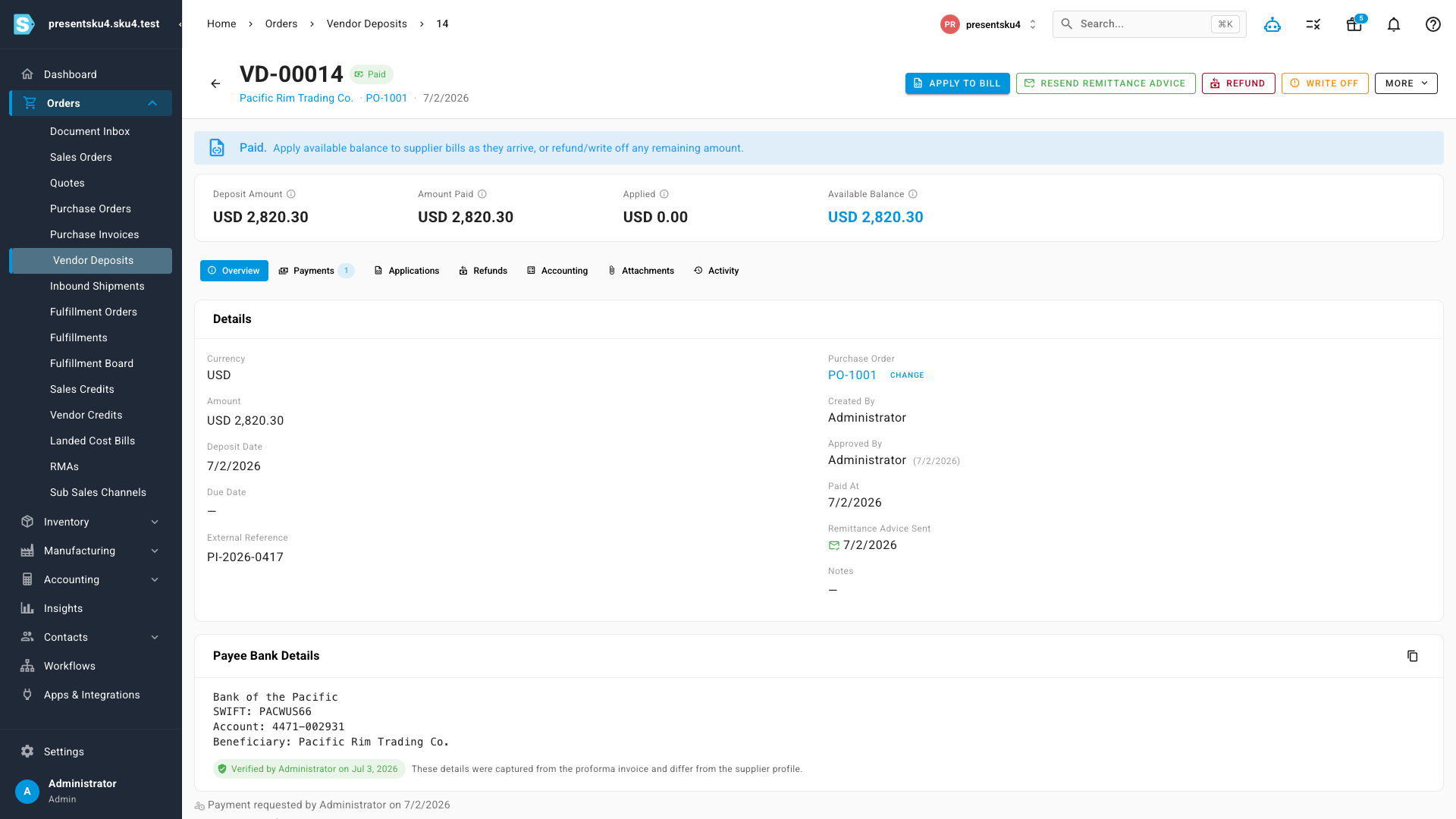 The vendor deposit detail page showing a paid deposit with verified payee bank details, the remittance-sent date, and the payment audit trail