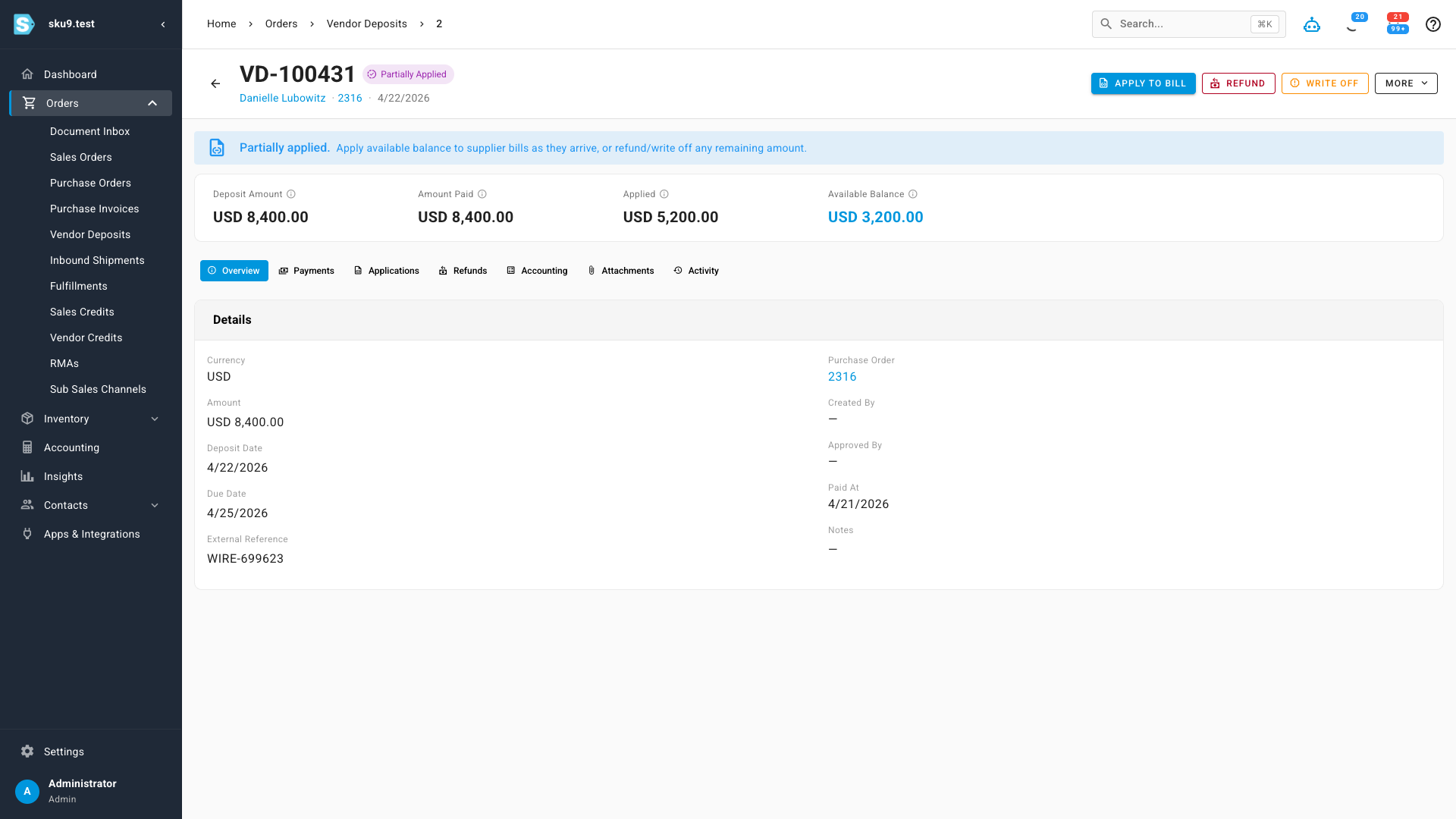 A vendor deposit detail page showing amount paid, amount applied, available balance, and tabs for payments, applications, refunds and accounting