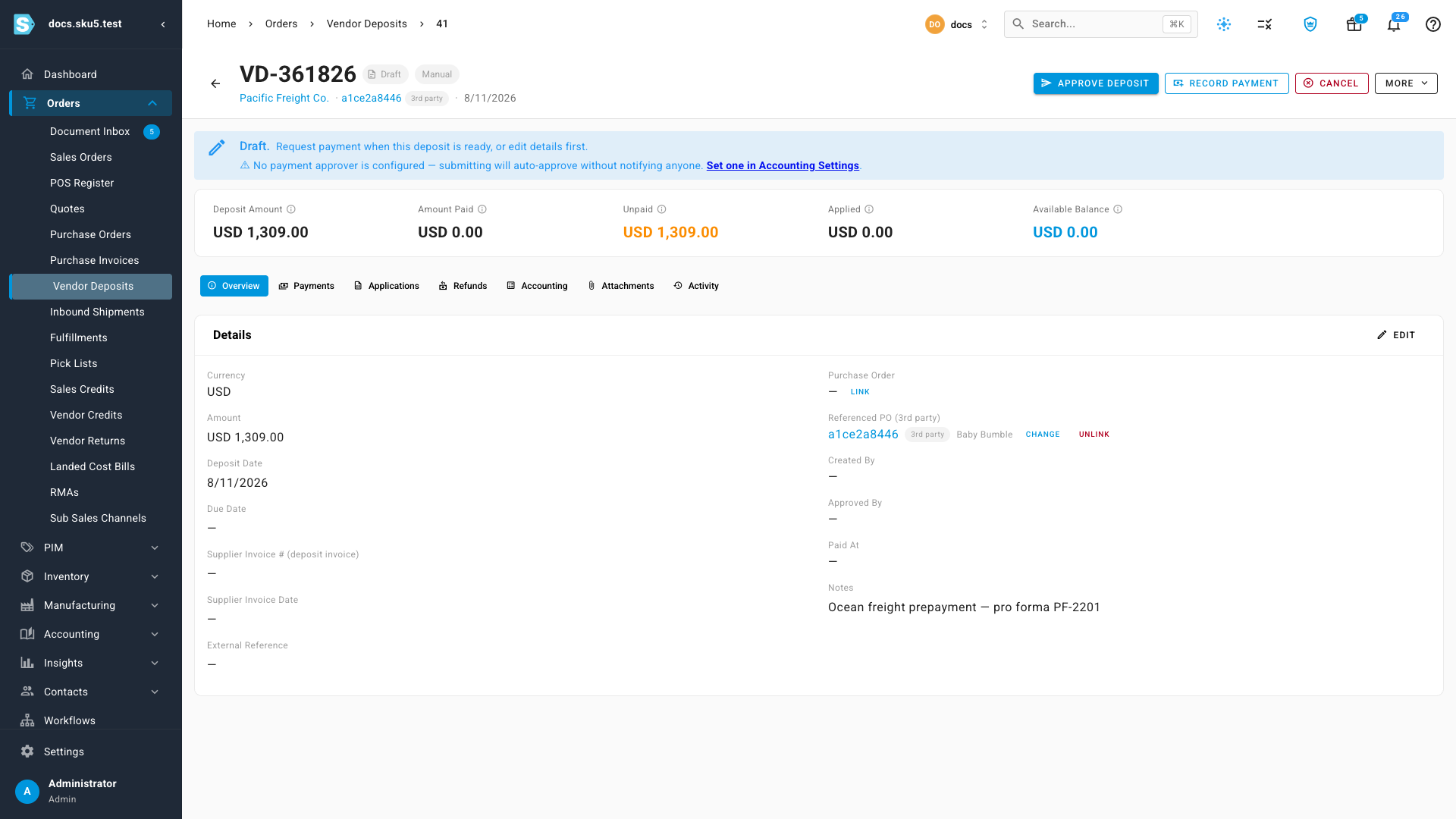 A third-party deposit's detail page — the referenced order shows with a "3rd party" badge and the name of the supplier that owns it