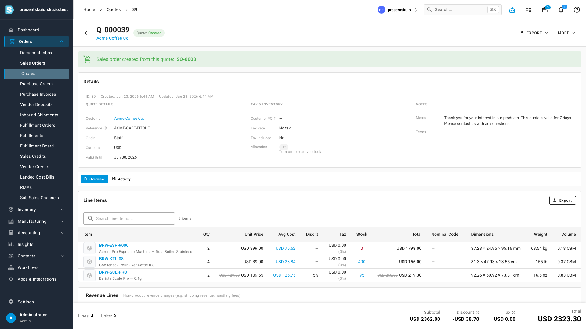 A quote's detail page showing line items, revenue lines and totals