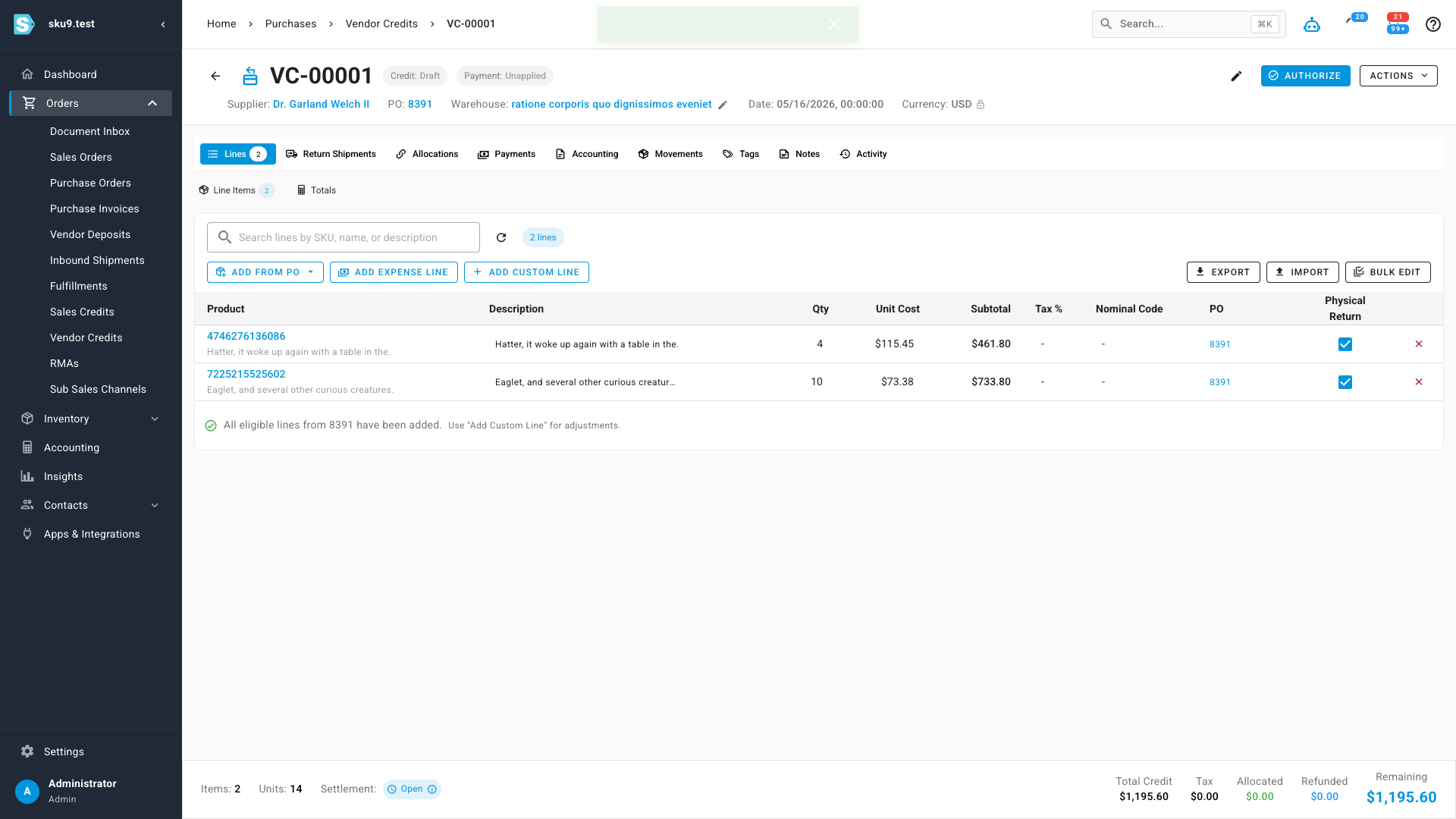 A vendor credit detail page showing credited line items pulled from a purchase order