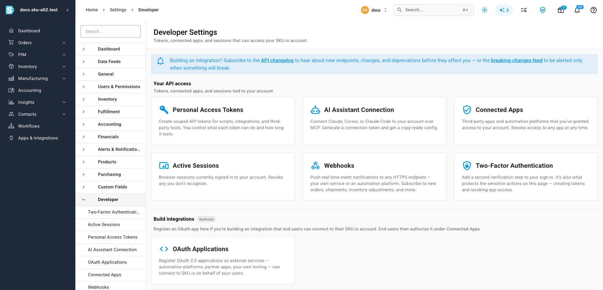 The Developer Settings page with an API changelog banner, a Your API access section holding six cards, and a restricted Build integrations section holding OAuth Applications