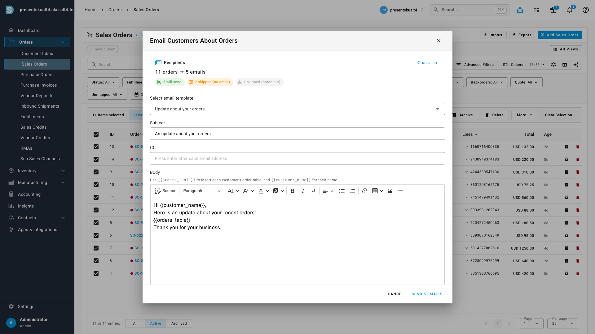 Recipient summary grouping 11 orders into 5 emails, with skipped recipients called out