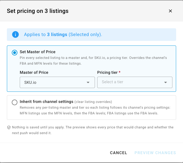 The Set pricing dialog