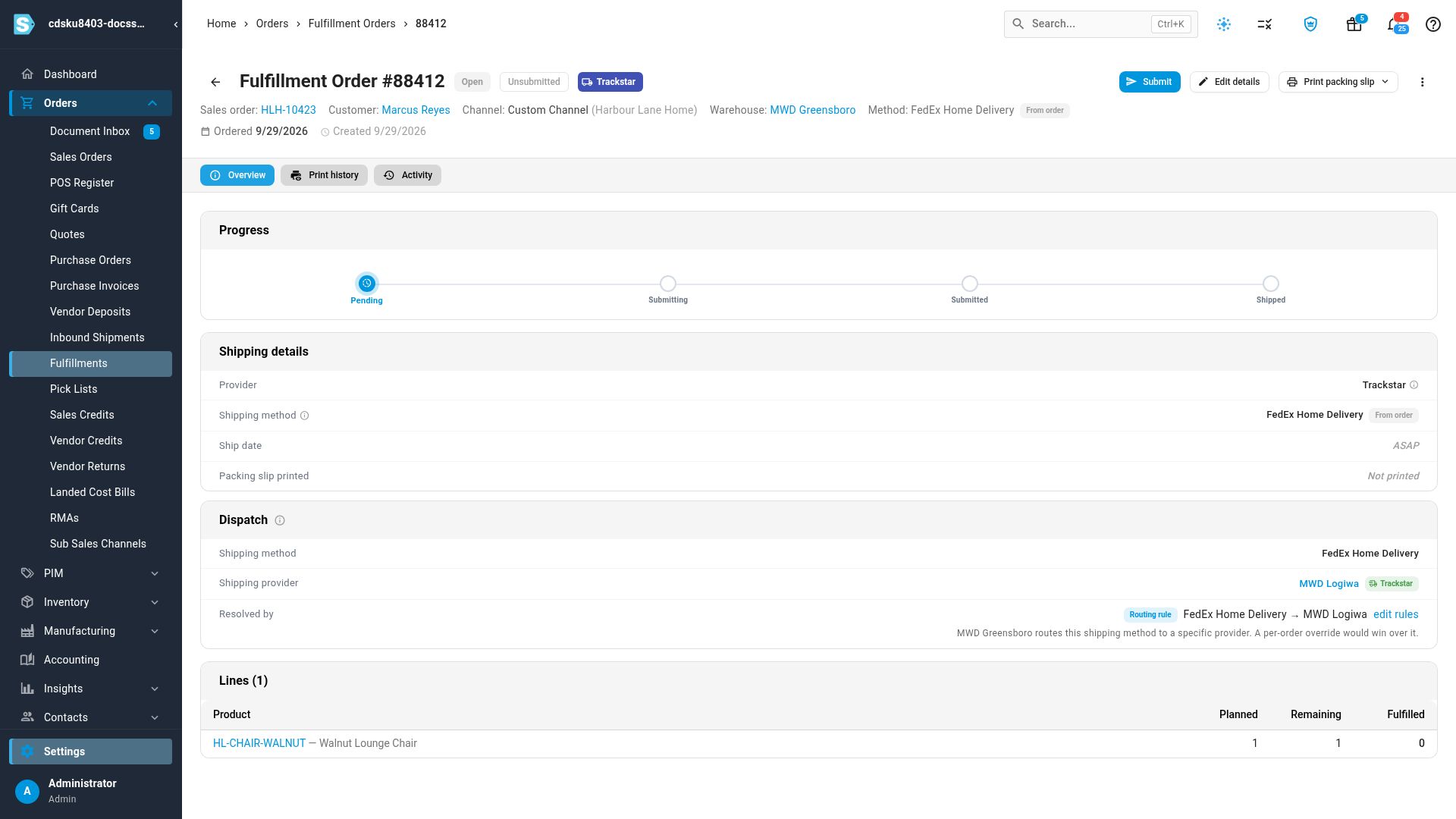 The Dispatch panel: a FedEx order resolved by the routing rule