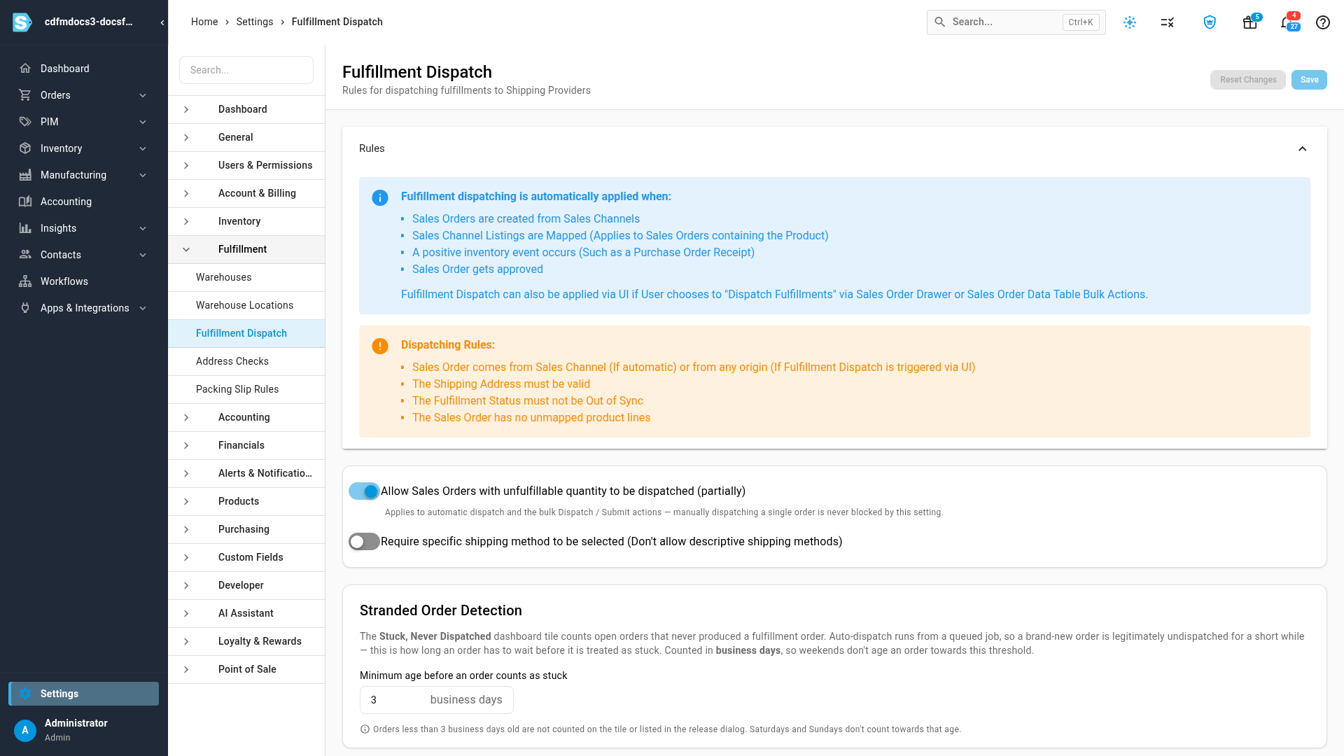The Rules panel, listing when dispatch runs and what an order needs