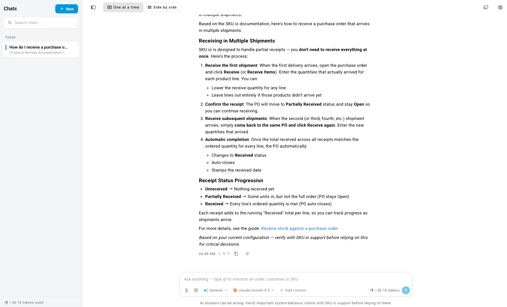An answer explaining how to receive a purchase order in two shipments, ending with a link to the Receive stock against a purchase order guide