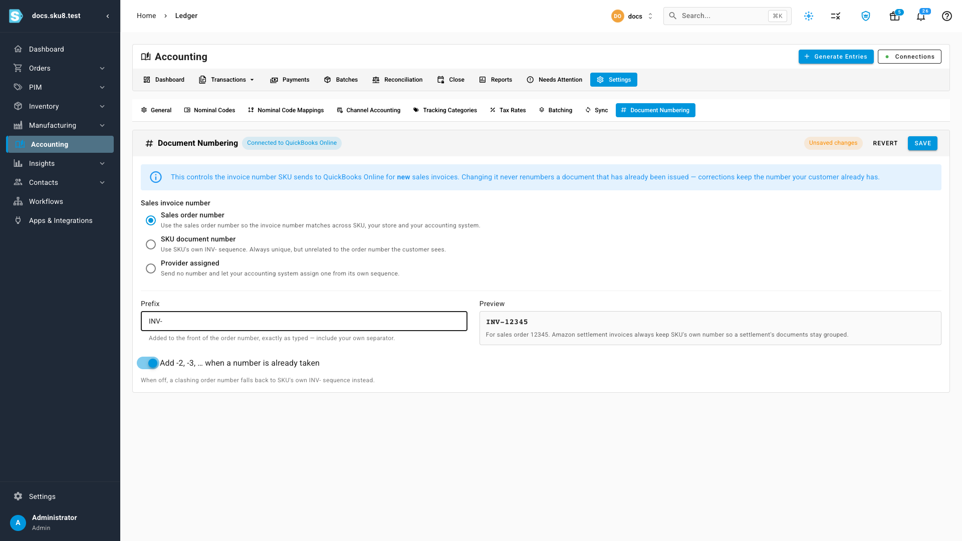The Prefix field containing INV- and the Preview panel showing INV-12345